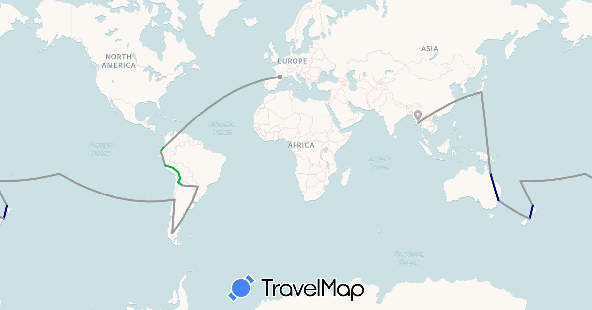TravelMap itinerary: driving, bus, plane in Argentina, Australia, Bolivia, Chile, Ecuador, France, Japan, Myanmar (Burma), New Caledonia, New Zealand, Peru, French Polynesia (Asia, Europe, Oceania, South America)